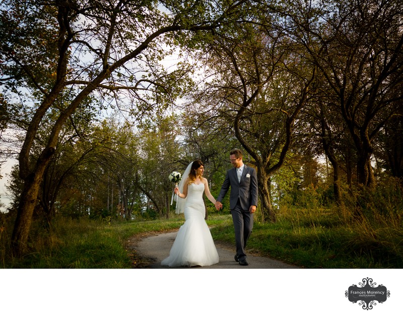 Bride Groom Walking on Trail:  Copper Creek Golf Wedding