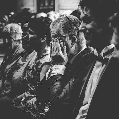 Grooms Father Cries at Ceremony:  Black and White Photographer