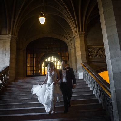 Wedding Couple Walking Down Stairs:  Toronto Knox College