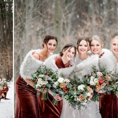 Rust Velour Bridesmaids Dresses with Fur:  Alliston Photographer