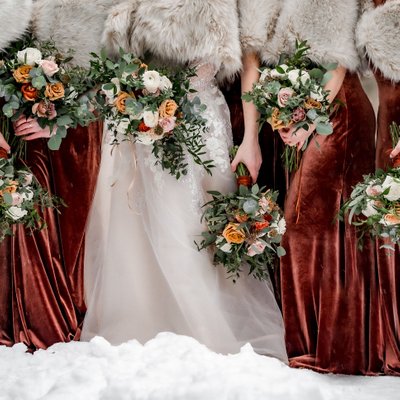 Winter Wedding Photo of Bridesmaids in Rust Dresses 