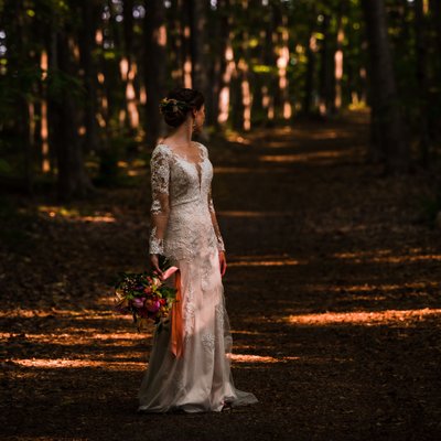 Harsh Light in Woods with Bride:  Barrie Wedding Photographer
