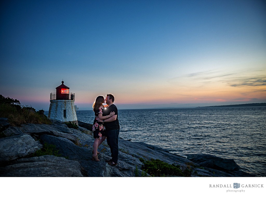 Newport RI engagement session lighthouse at sunset