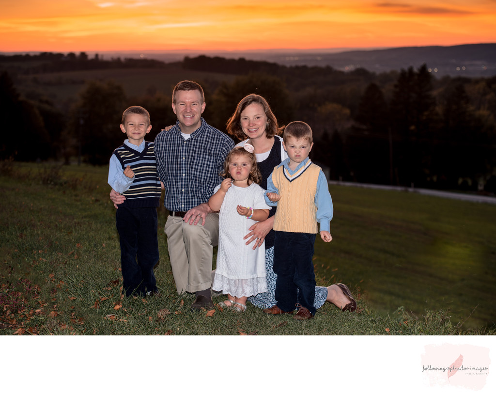 Family of Five Sunset Photo Using Off Camera Flash