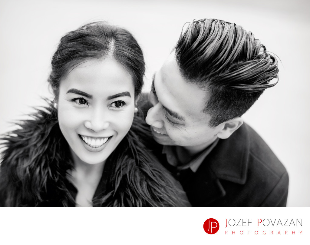 Intimate BW engagement portrait in Vancouver downtown