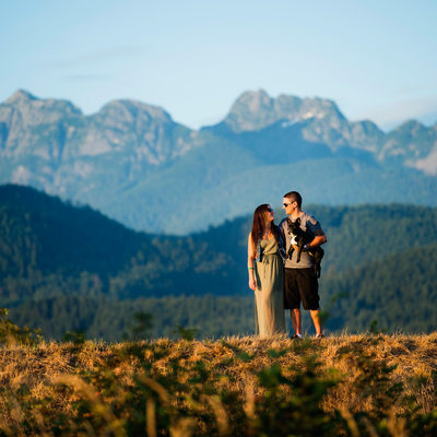 Golden Ears Engagement shoot with puppy and sunset.