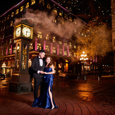 Gastown wedding portraits at night with steam clock