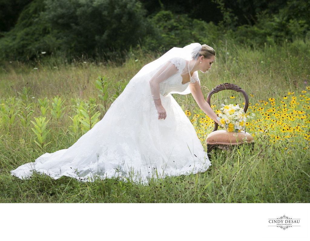 Vintage Bride and Antique Chair in New Hope Field