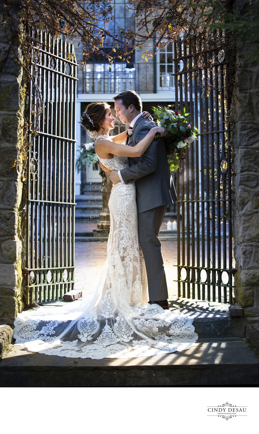 Antique Iron Gates on the Historic Holly Hedge Courtyard: The Perfect Spot for Your Wedding Portraits. 