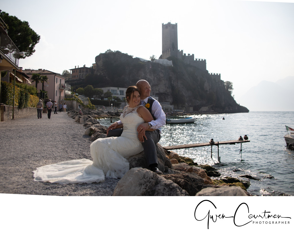 Malcesine Castle in the background, Wedding Couple.