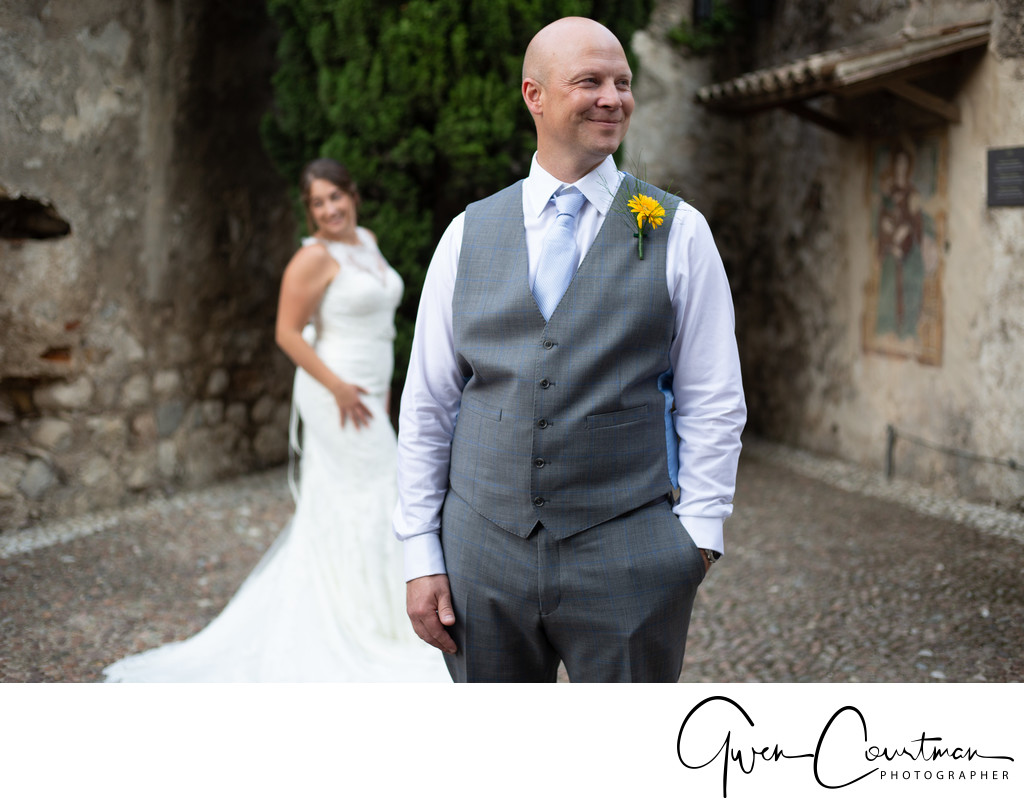 Wedding moments in Malcesine Castle Grounds.