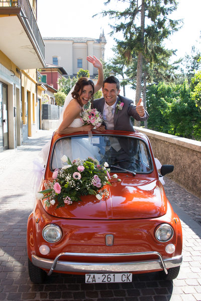 Flo and Davide, red Fiat 500, Malcesine, Lake Garda, IT