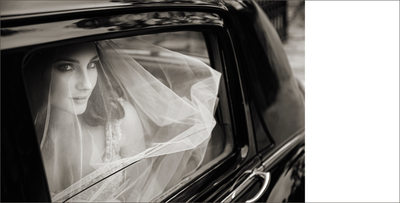 Bride in Limo, B&W Photo