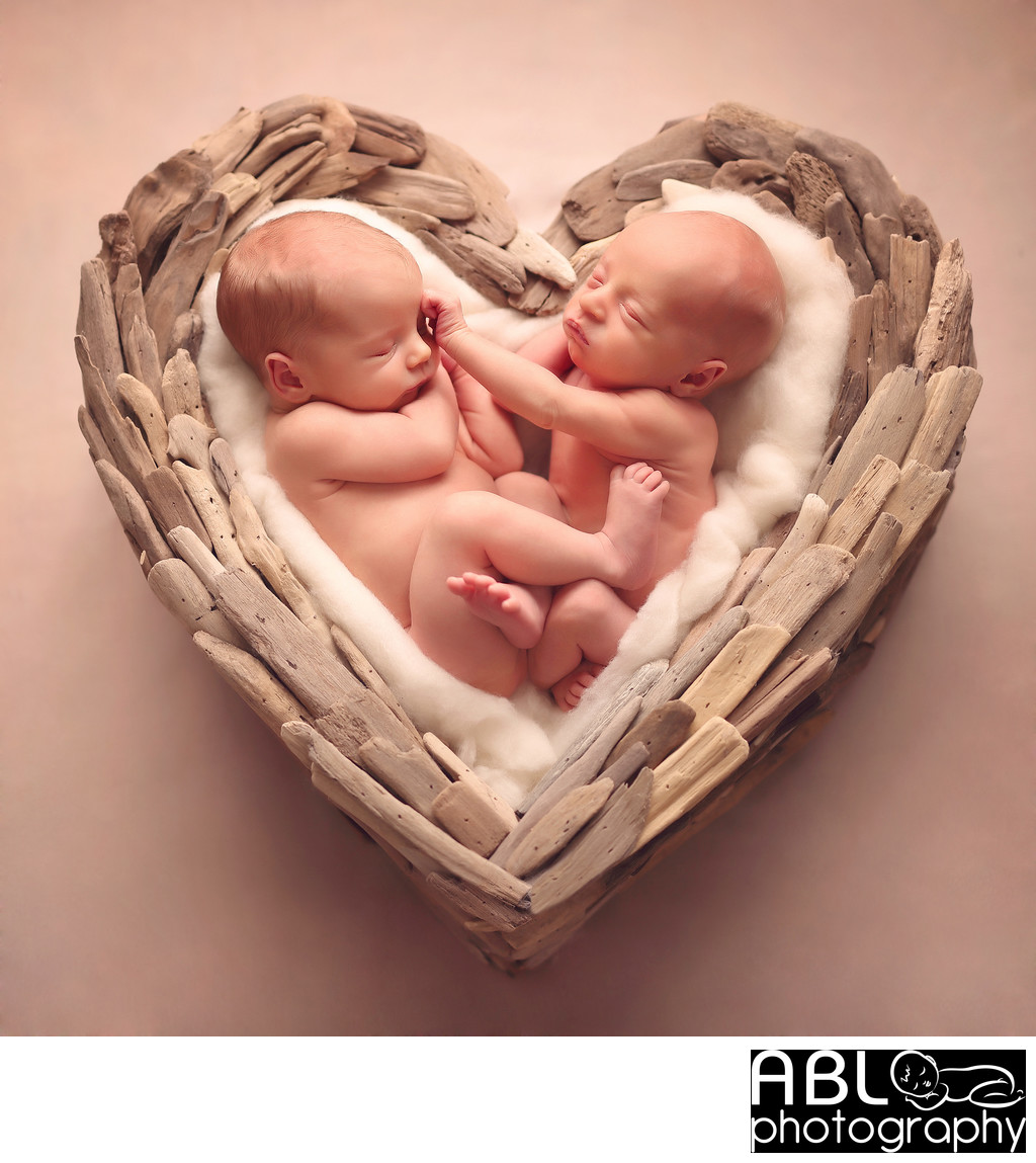 Newborn baby photos, twins in heart punching each other