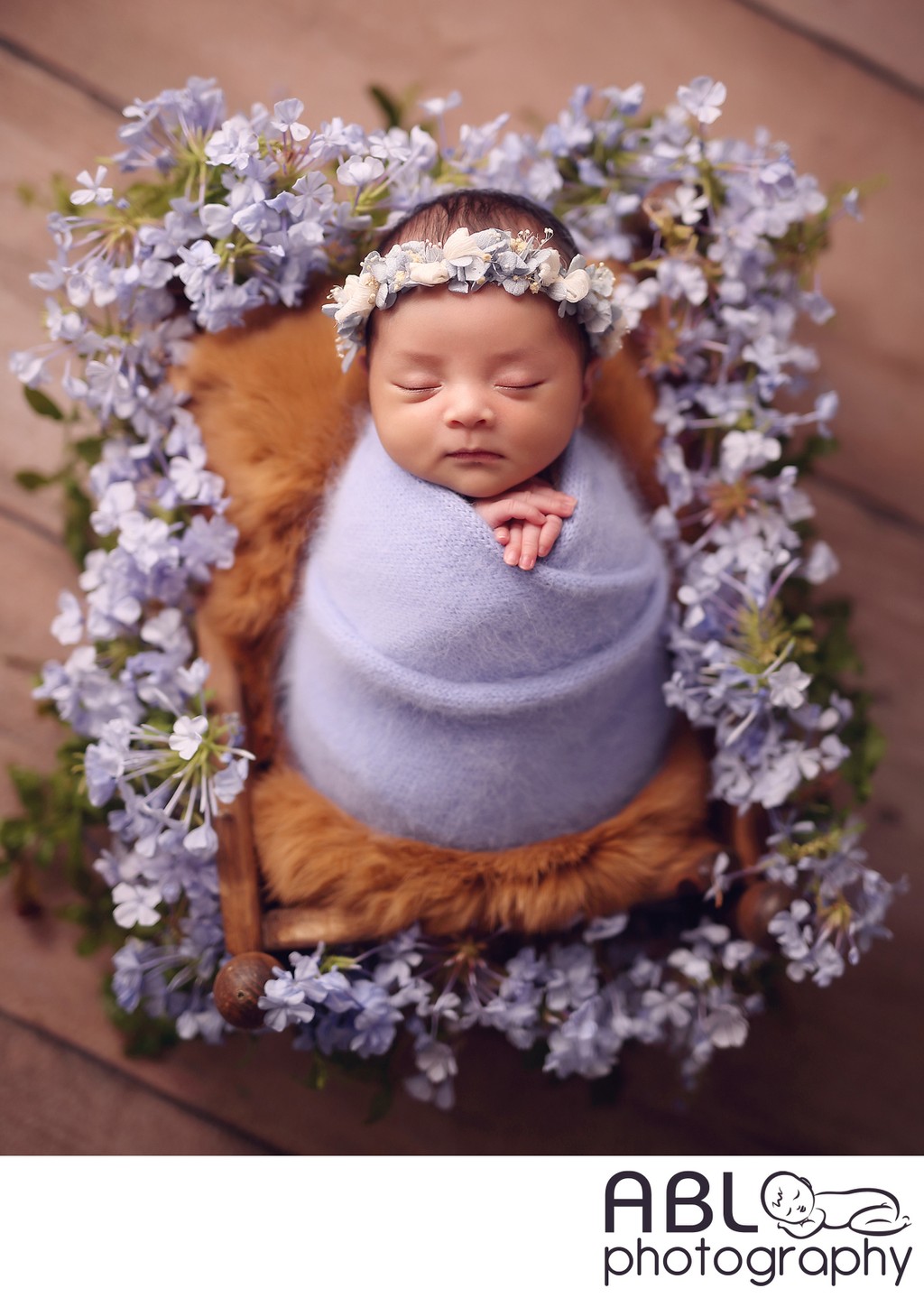 San Diego baby photography, baby in blue flowers