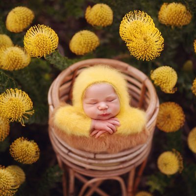 Outdoor Newborn with yellow flowers