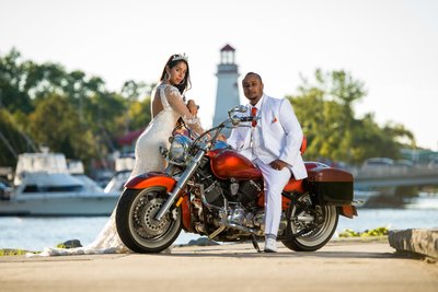 bride and groom on a custom bike