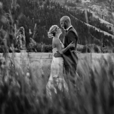 Wedding couple in squaw valley meadows at sunset