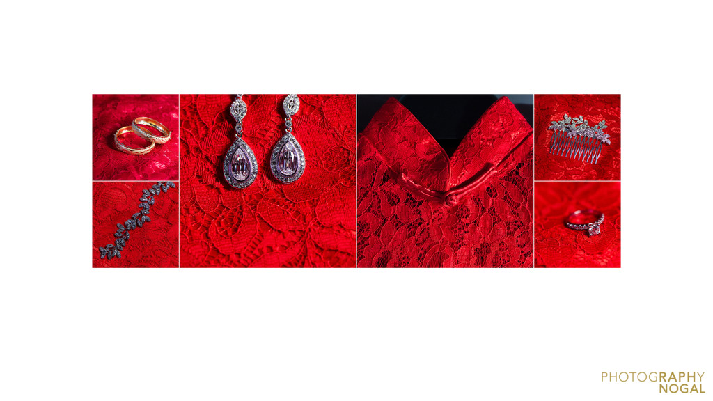 Detail spread of bride's accessories on red dress