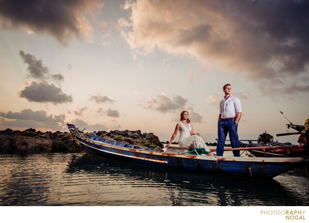 Bride and Groom on Long Tail Boat in Thailand