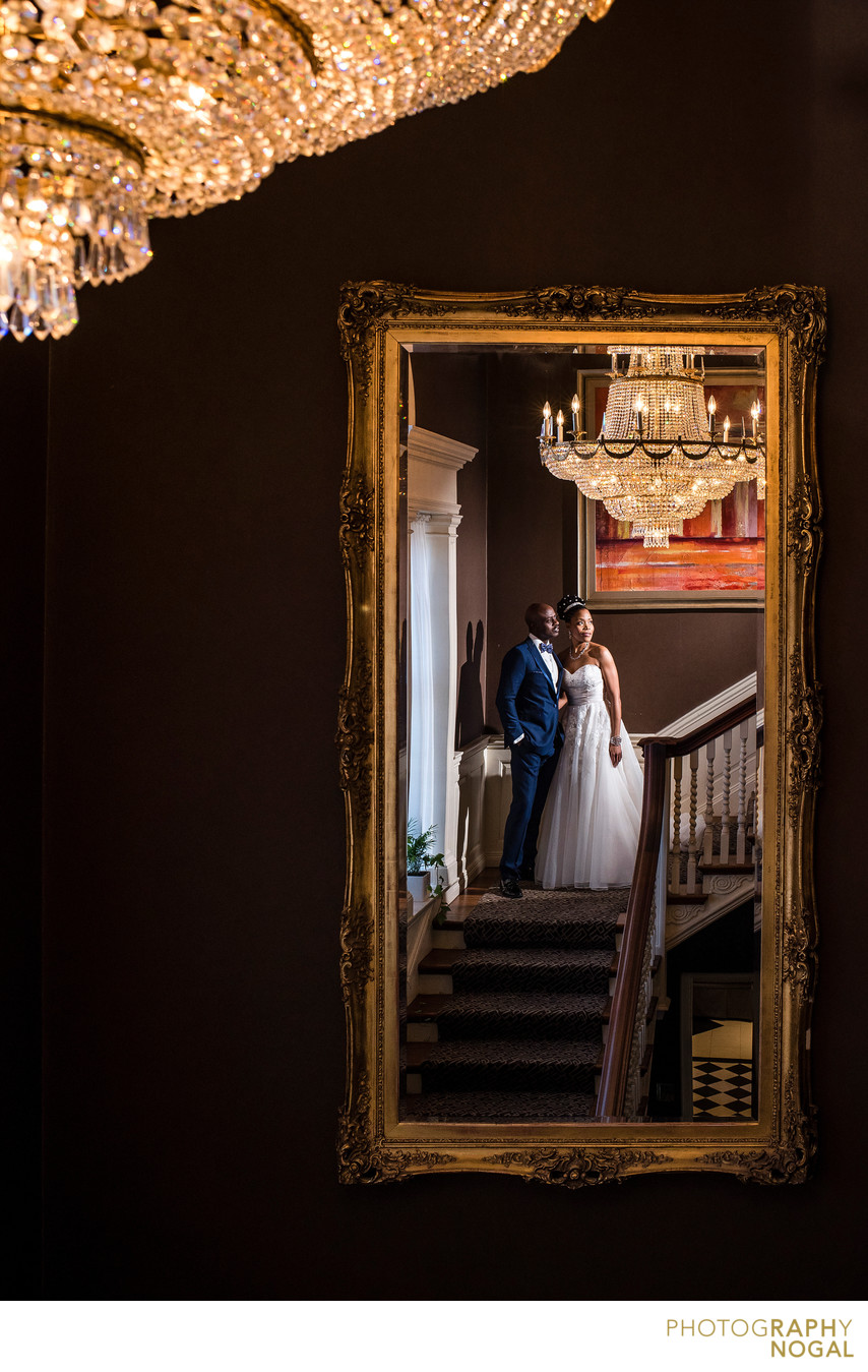 Bride and Groom in Mirror at Graydon Hall Manor