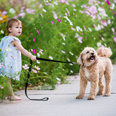 girl holding dog on leash in a flower garden