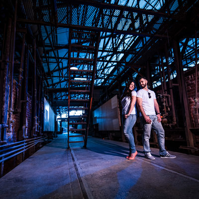 Cool Couple Engagement Photo at Evergreen Brickworks