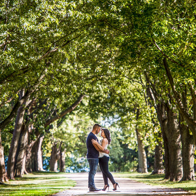 Toronto couple embrace under tree arch