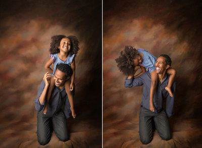 girl goofs around with her father studio backdrop