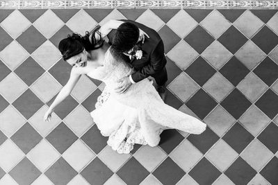 dipping bride checkered floor