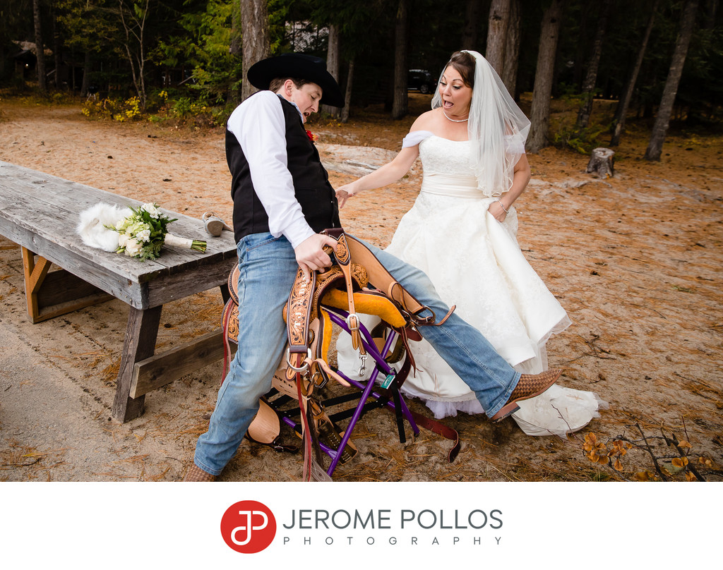 Groom falls of a saddle as bride laughs at Hills Resort