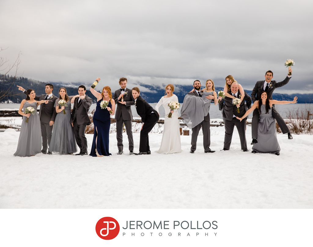 Fun Elkins Resort winter wedding party group portrait