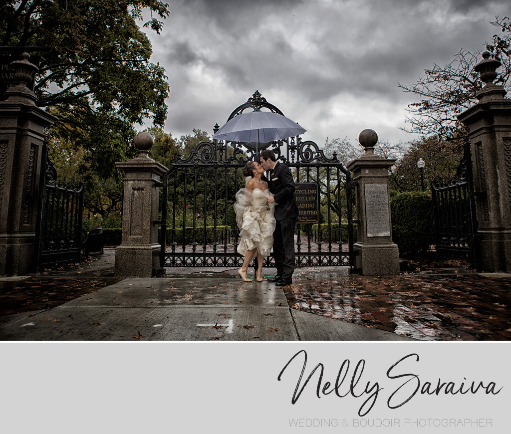 Rainy wedding day Boston Public Gardens