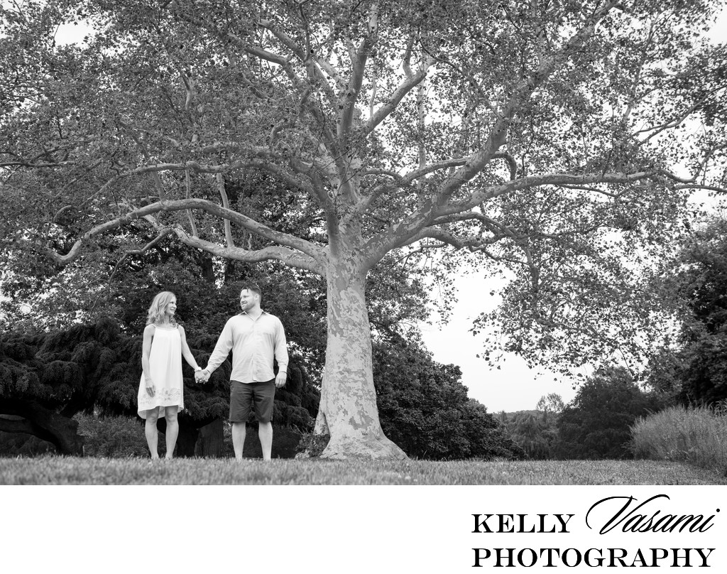 Couple poses under huge tree | Tarrytown Engagement 
