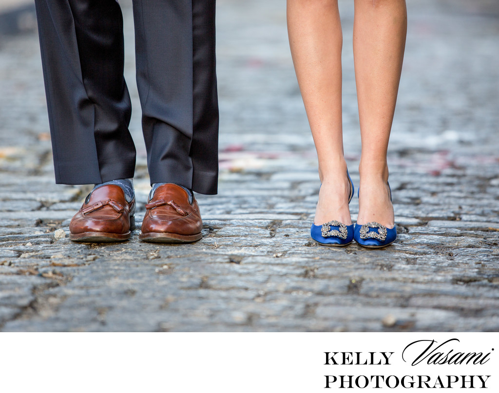 Cobblestone Streets of NYC | Closeup of Brides Shoes
