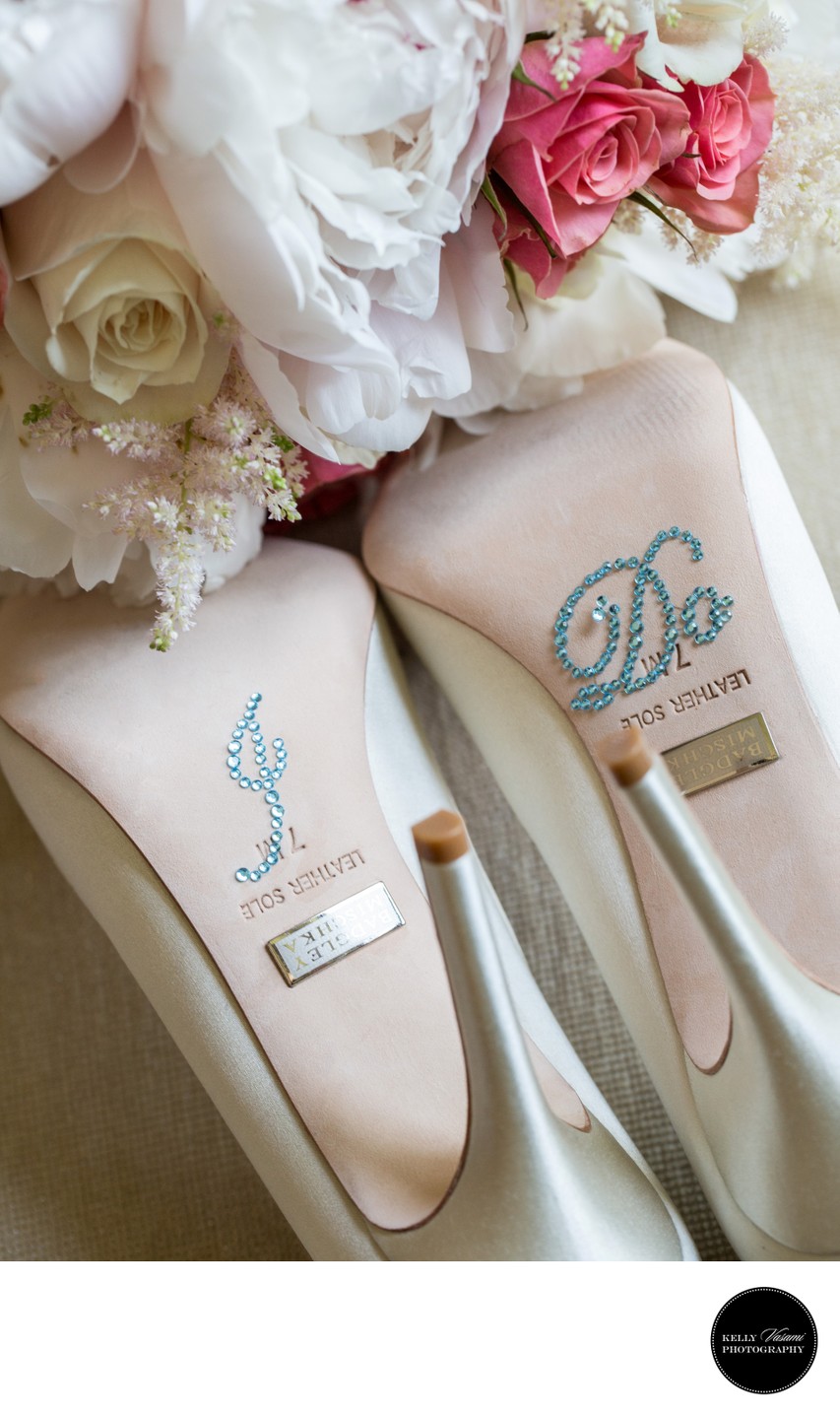 badgley mischka white wedding shoes and flowers