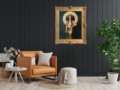 Living room interior wall mockup in dark tones with leather armchair on black wooden wall background.