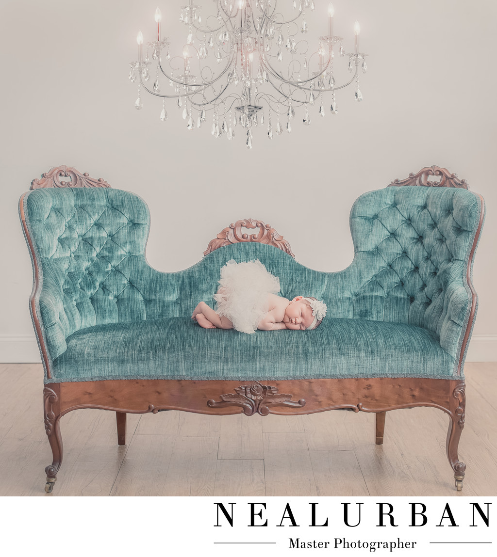buffalo baby photography of newborn in vintage furniture