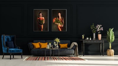 Modern interior design of a living room in an apartment, house, office, comfortable sofa, fresh flowers and bright modern interior details on a dark wall background.