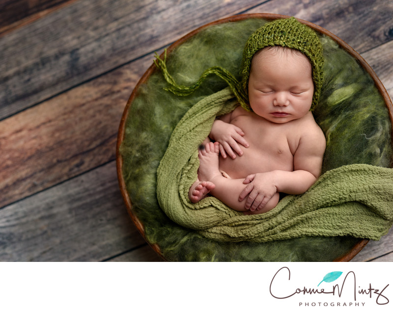 Newborn Photos in Wooden Bowl Newborn Photos in Wooden Bowl