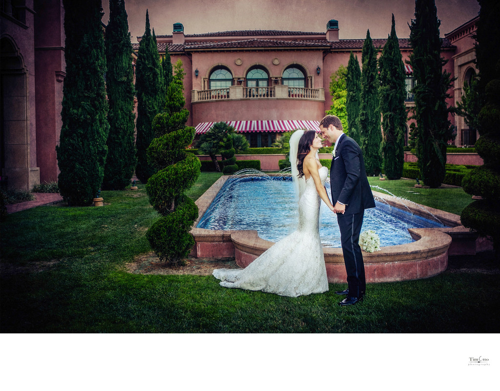 Bride and Groom Fairmont Grand del Mar Reflection Pool
