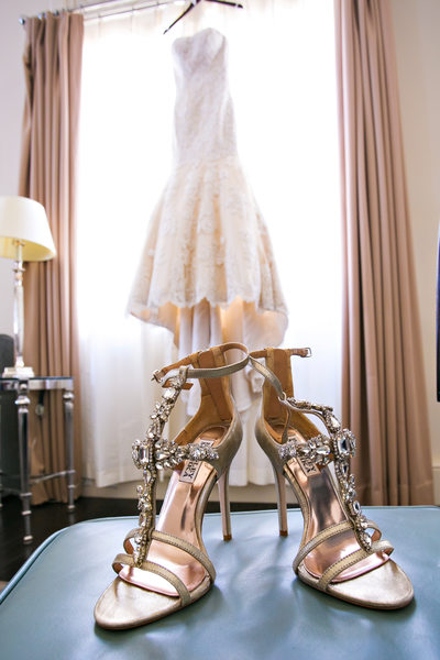 Brides Shoes and Dress at US Grant Hotel