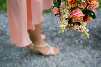 Peach Bridesmaid Dress and Bouquet at Quechee Wedding