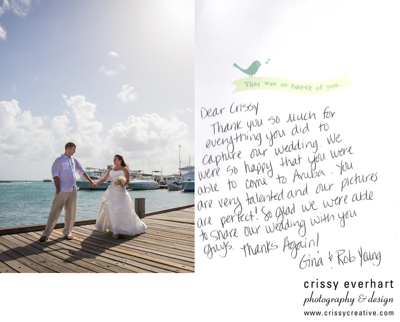 Thank you note from Aruba destination wedding client