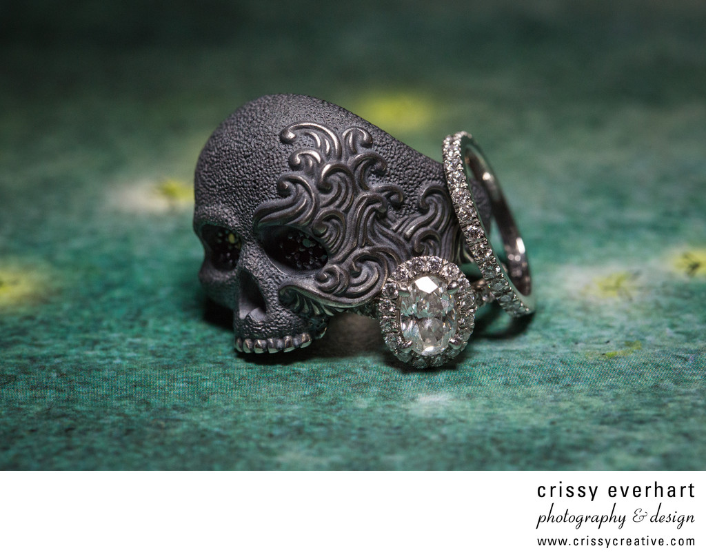Skull Groom's Ring with Bride's Diamond Rings - Macro