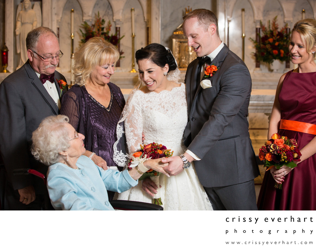 Church family formals with bride's family and grandma