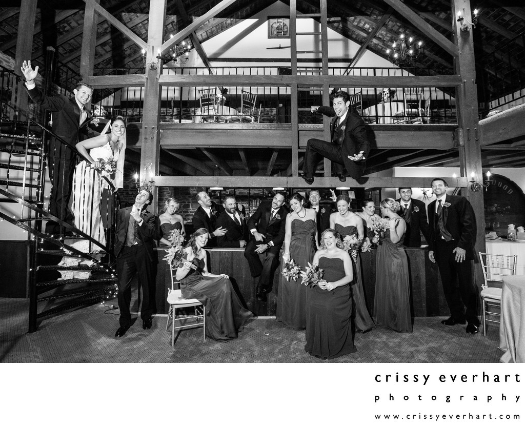 Crazy Wedding Party at Barn on Bridge in Collegeville