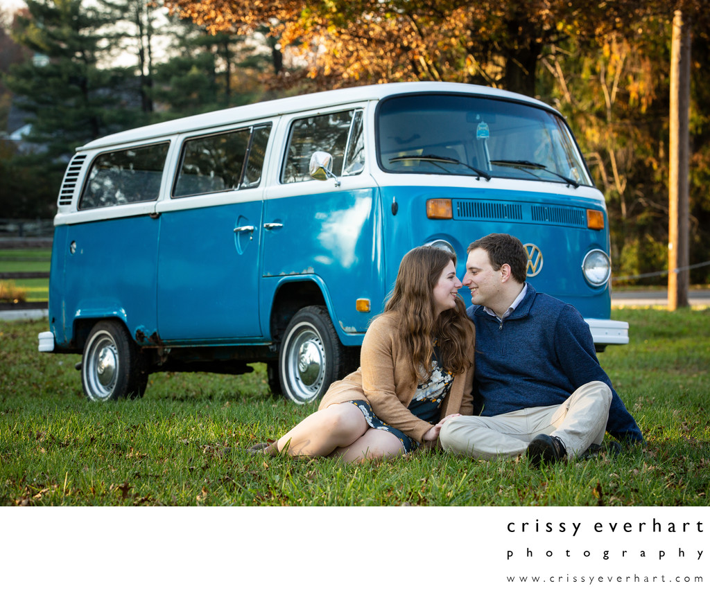 Chester County Engagement Portraits with Retro VW Bug 