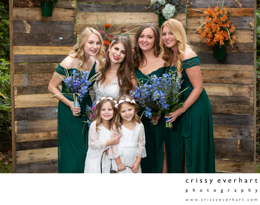 Bride and Bridesmaids with Twin Flower Girls