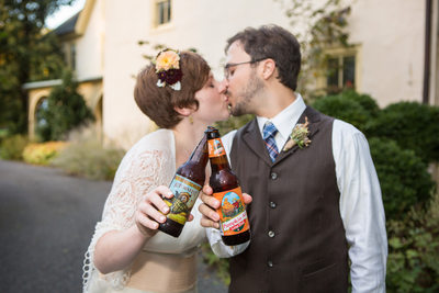 Toasting with Beers at Fall wedding in Delaware County